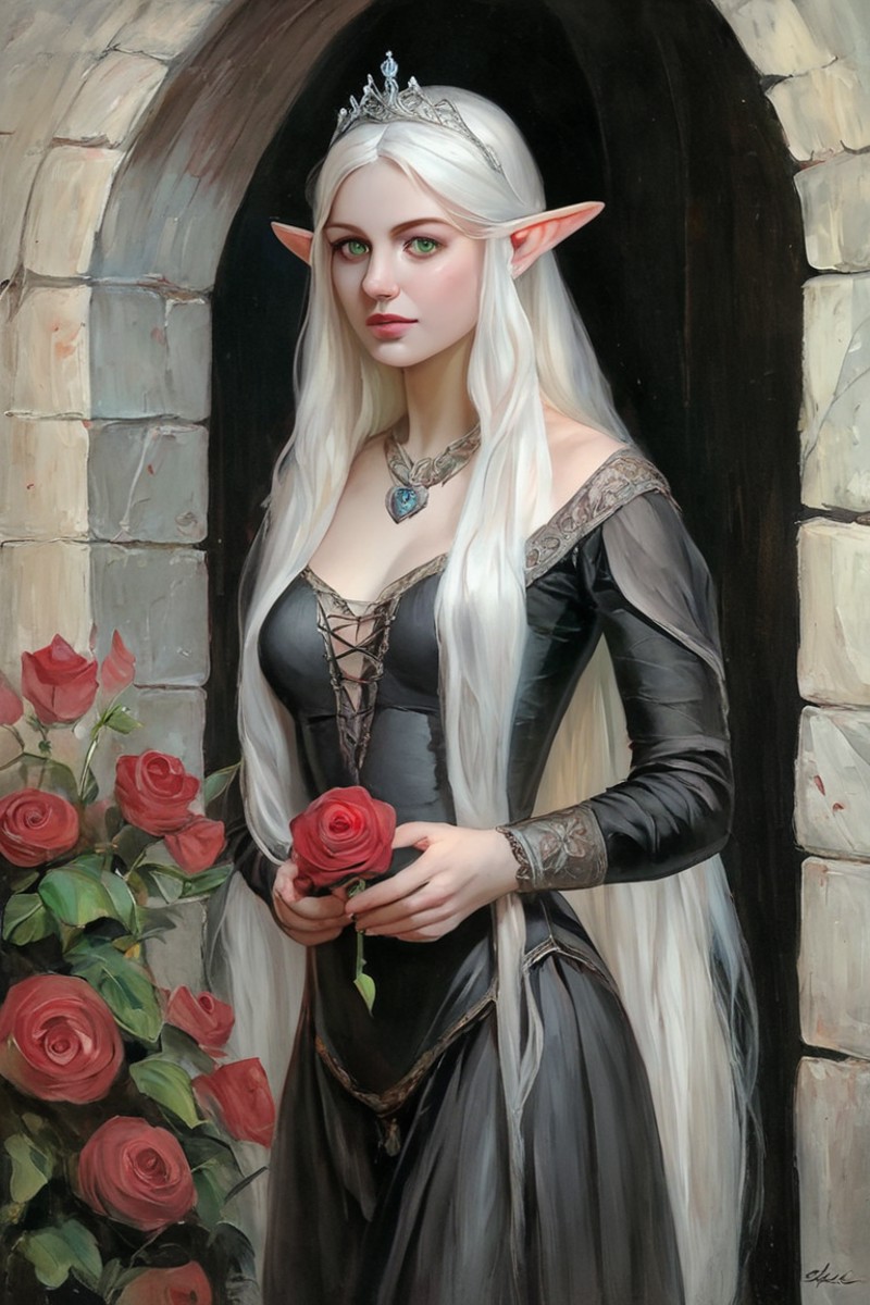 score_9, score_8_up, score_7_up, rating_safe, painterly, faux traditional media, realistic, 1girl, solo, elf, pointy ears,...